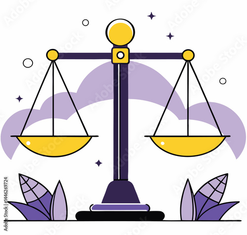Balanced scales stand peacefully against a purple clouded sky with plants below them