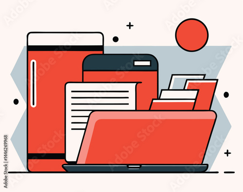Stylized technology stack shows file folder, phone, monitor, and documents on light background