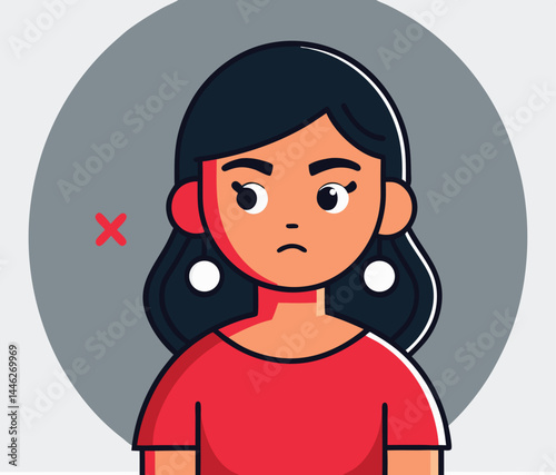 Pouting cartoon woman with dark hair and white earrings stands before a gray backdrop