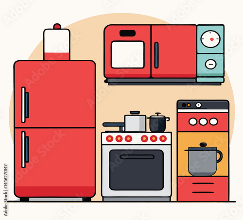 Red refrigerator, microwave, oven, and coffee maker stand neatly inside a cozy kitchen space