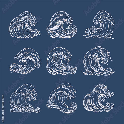 Tidal Wave Water Sketch Illustration Engraving Woodcut Vintage Style