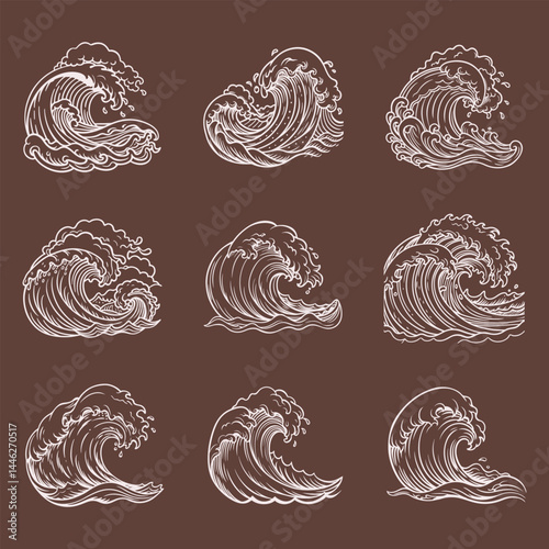 Vintage cartoon ocean tidal storm waves surfing and seascape, vector illustration
