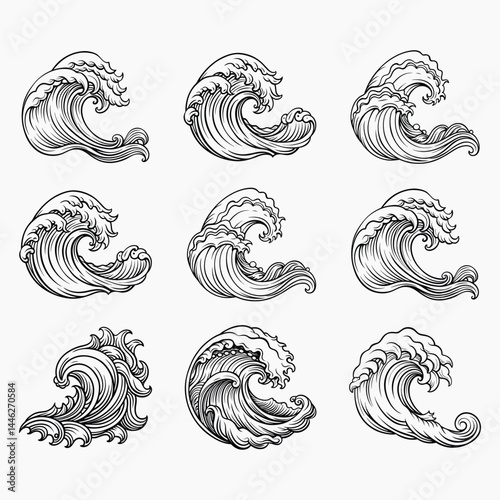 Tidal Wave Silhouette Illustration, hand sketch, Sea waves.