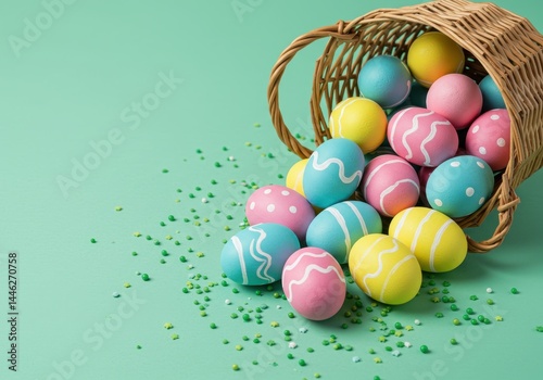 Easter eggs spilling from a basket on a green background with green sprinkles