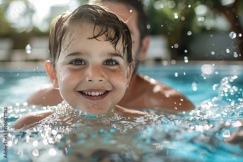 Joyful family enjoying one delightful day of laughter and playfulness by sparkling swimming pool, surrounded by sunshine, smiles, and splashes of happiness    