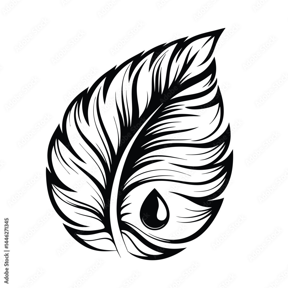 Obraz premium Leaf Detailed Black and White Silhouette, Elegant Minimalist Illustration, Drop Accent