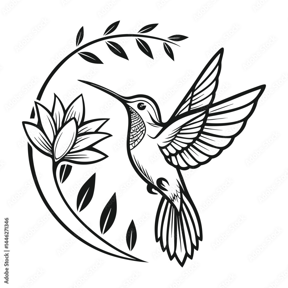 Fototapeta premium Vector Illustration of a Hummingbird Silhouette with Elegant Wings in Flight, Encircled by a Lotus Flower and Leafy Branch for Nature-Inspired and Decorative Art Projects