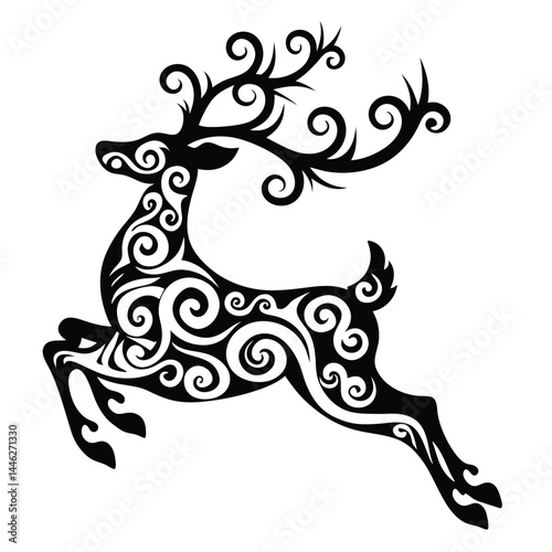Black Ornamental Reindeer Silhouette, Swirls, Jumping, Isolated on White Background