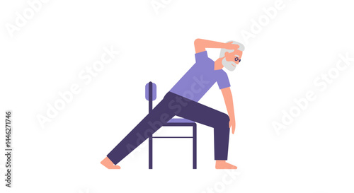 Elderly Man Exercising Stretching with Chair on White Background  