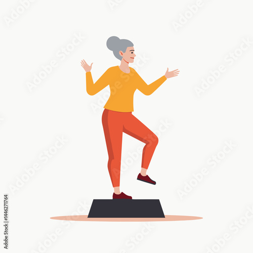 Elderly woman expressing joy while dancing on a stage  