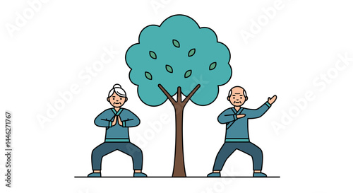 Elderly people practicing tai chi under a tree  