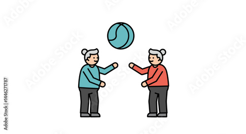 Elderly people playing volleyball in a simple illustration  