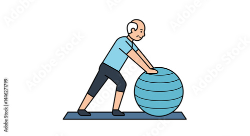 Senior man exercising with a fitness ball on a mat  
