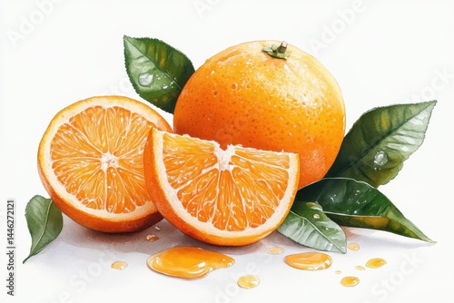 Juicy orange slices whole fruit vibrant watercolor painting with green leaves and bright sunlight