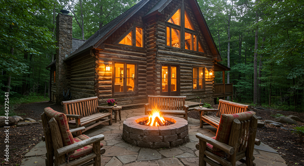 Fototapeta premium Inviting Cabin In The Woods With Glowing Fire Pit At Nightfall