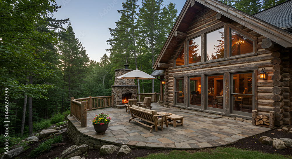 Fototapeta premium Serene Log Cabin Retreat Surrounded By Lush Green Forest Scenery