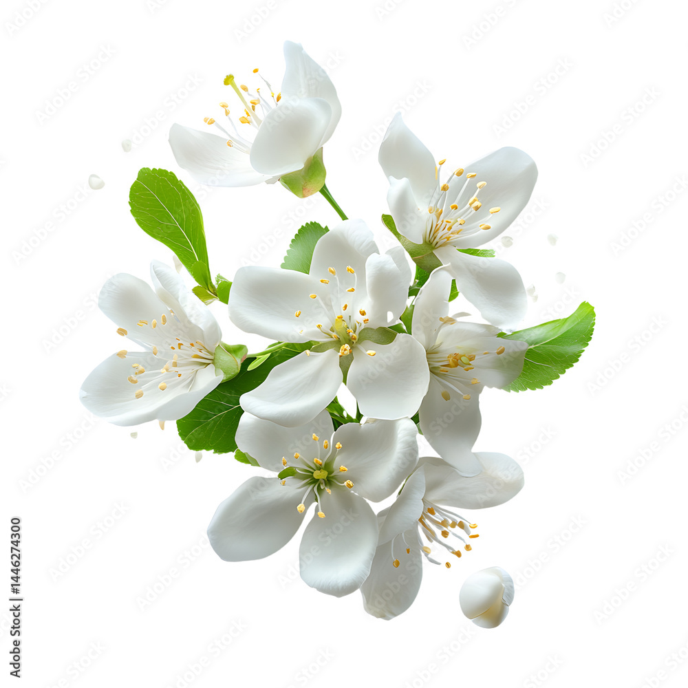 white musk blossom and flowers rising in white background