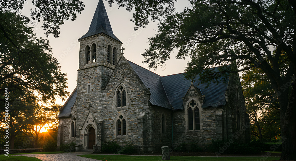 Naklejka premium Historic Stone Church at Sunset Surrounded By Lush Greenery And Trees