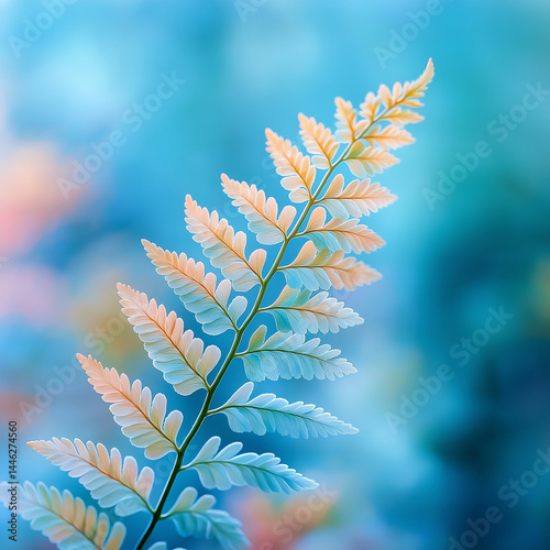 Delicate fern leaf against soft blue background