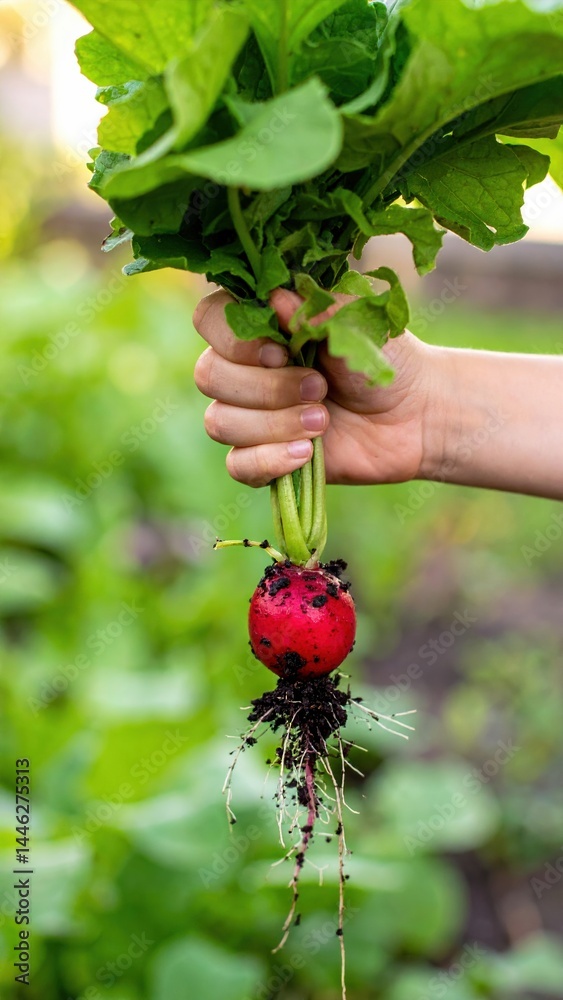 Freshly picked radish in hand with vibrant green leaves in garden Freshly picked radish in hand with vibrant green leaves in garden