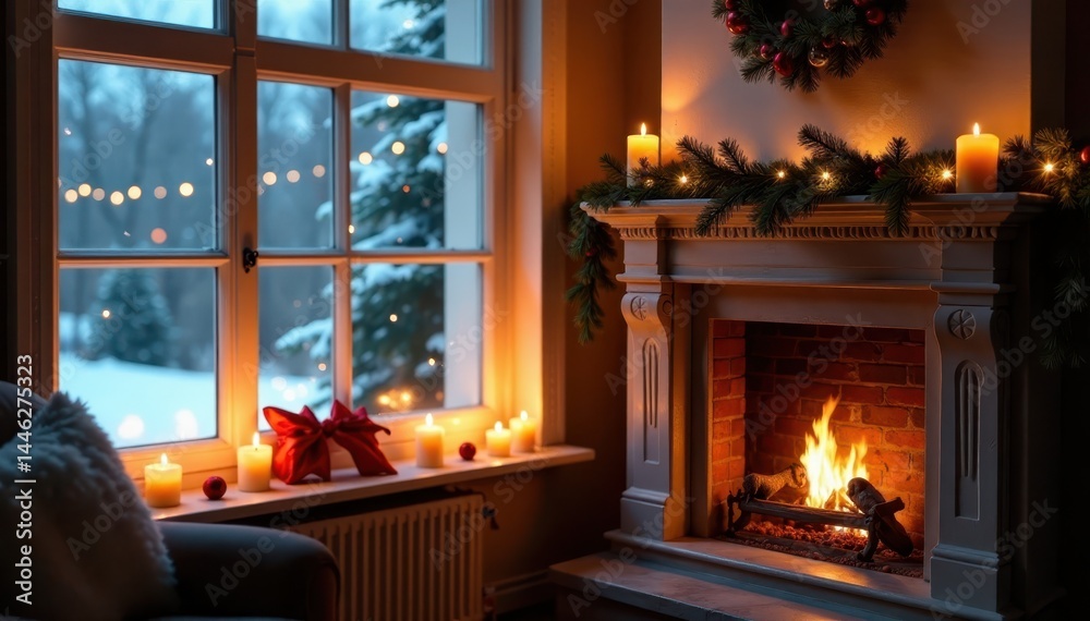 Cozy Christmas window sill, fireplace mantel decorated with garland, candles , cones, Christmas Cozy Christmas window sill, fireplace mantel decorated with garland, candles , cones, Christmas