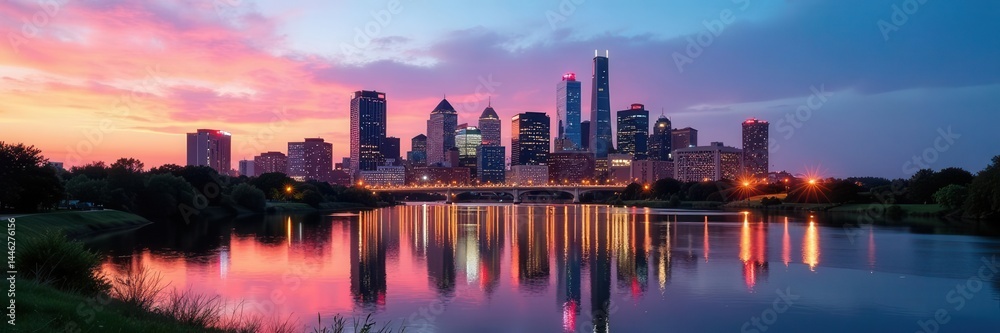 Fototapeta premium Modern Peoria, IL skyline reflecting on the Illinois River , architecture, riverfront