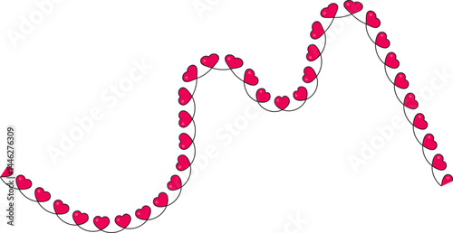 Randomly flowing curved path with small red hearts distributed along its trajectory, creating an unpredictable decorative shape.