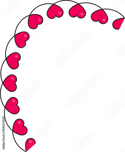 Interweaving sinuous paths with small red hearts distributed along their undulating curves, creating a fluid decorative design.