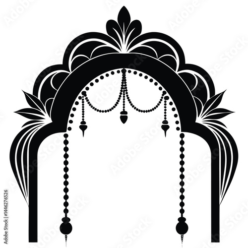 ornate decorative arch with floral motifs,symmetrical pattern,black and white,minimalist,architectural,elaborate design,intricate details,elegant,decorative elements,high contrast
