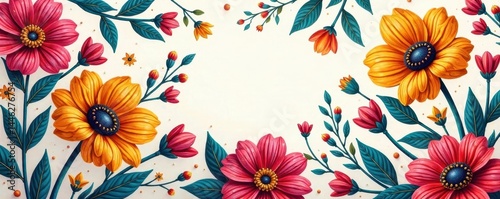 Vibrant floral & geometric motifs, bright colors , marigold, floral, pattern