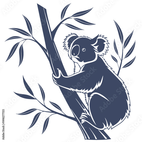 Stylized Koala Bear Silhouette Clinging to Bamboo Branch, Minimalist Fauna Design