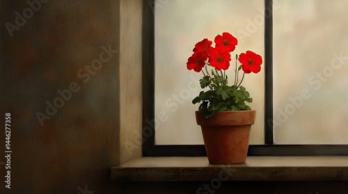 Red flowers in a ceramic pot sit upon a windowsill