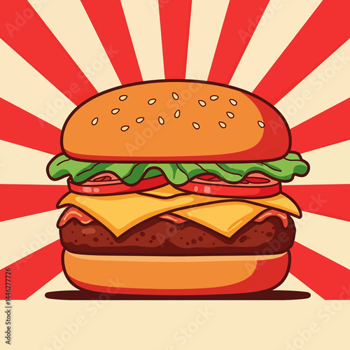 Flat vector illustration of a fast food hamburger. Perfect for menus, food blogs, and design projects needing a clean, modern style