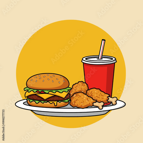 Flat vector illustration of a classic fast food combo on a plate. Features a juicy burger, crispy fried chicken, and a refreshing drink. Ideal for food apps and design projects