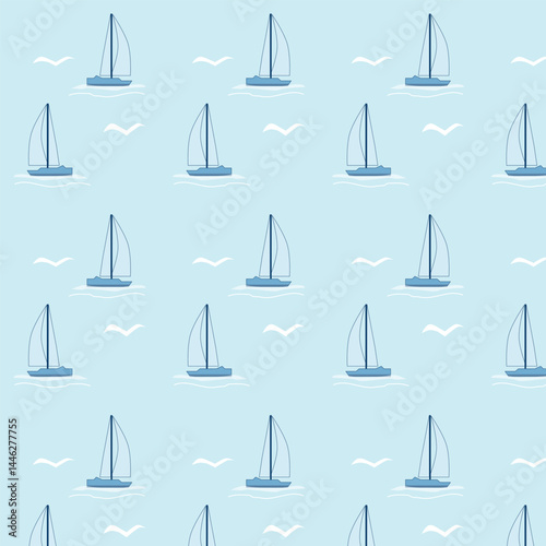 seamless pattern with sailing ships,sea ​​pattern with ship and seagulls seamless pattern with boats and birds on blue background.