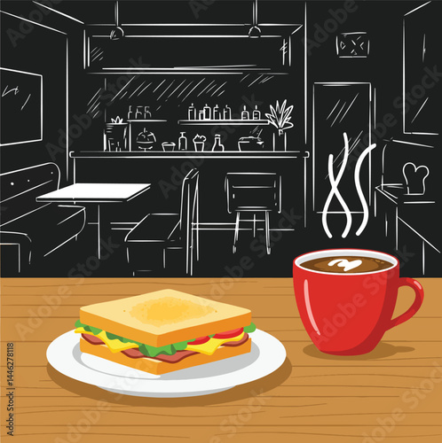 Adobe Illustrator Artwork Flat vector illustration of an egg sandwich with coffee. Perfect for breakfast or brunch menus. High-quality image for food blogs, restaurant websites, and promotional