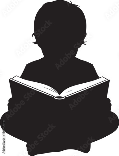 Silhouette of a child engrossed in reading a book.