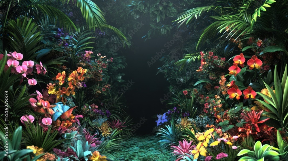 Fototapeta premium Lush tropical plants and colorful flowers surround a dark entrance