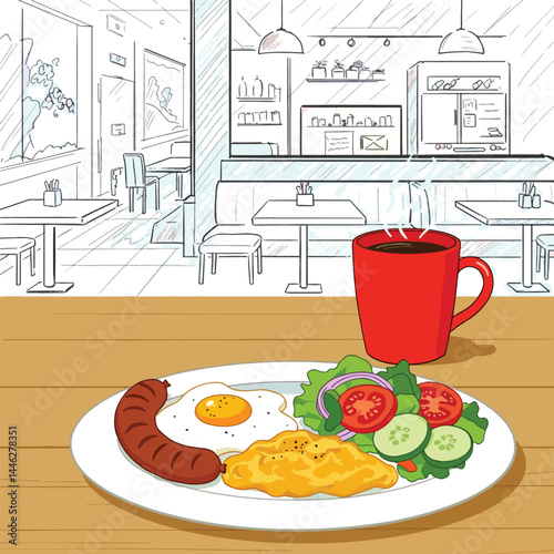 Adobe Illustrator Artwork Vibrant flat vector illustration of a healthy breakfast: sausage, fried egg, scrambled eggs, and salad with coffee in a hand sketch restaurant setting