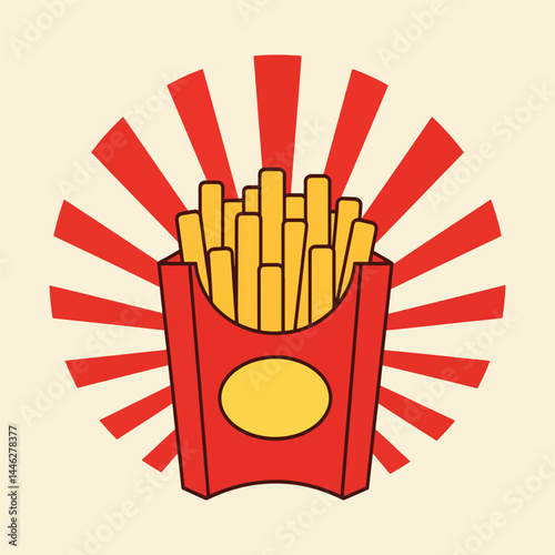 Adobe Illustrator Artwork Flat-style vector illustration of french fries in a red container with a yellow logo, set against a striped background. Perfect for fast food themes
