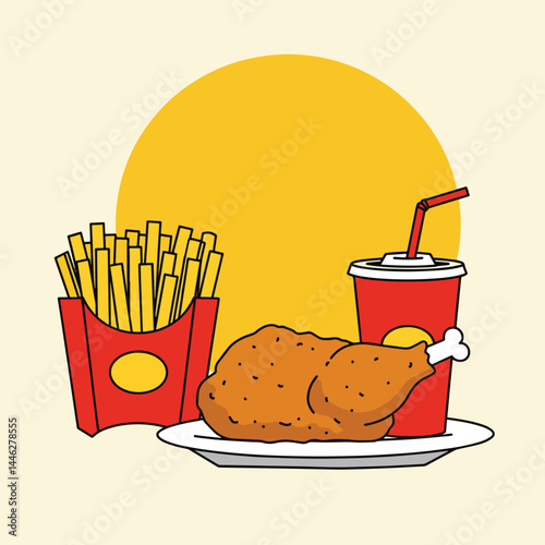 Adobe Illustrator Artwork Delicious fast food illustration featuring fried chicken, fries, and a soda on a plate. Perfect for food blogs, menus, and restaurant promotions