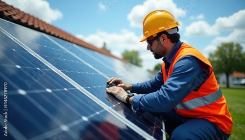Wallpaper Mural Technician connecting solar module to existing system, tools, solar panel installation Torontodigital.ca