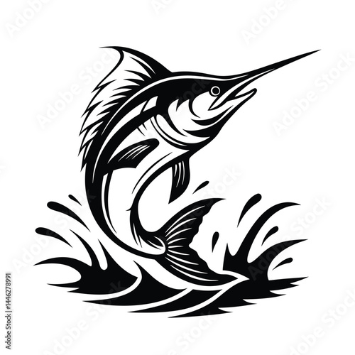 Marlin silhouette with a curved body in motion