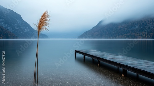 A serene misty lake scene with a wooden pier