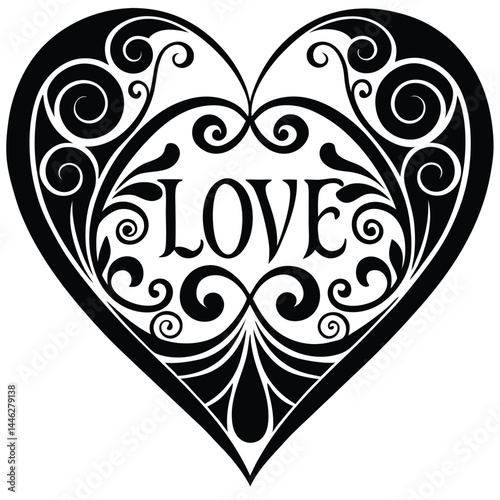 ornate black and white heart shape, intricate floral and swirling patterns, elegant symmetry, zentangle style, detailed linework, sophisticated design
