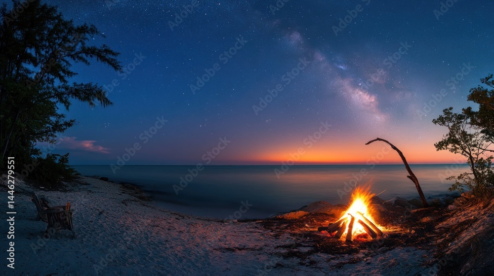 Bonfire on a beach under a starry night sky