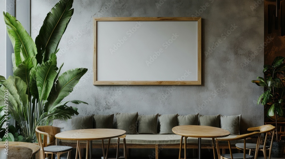 Contemporary interior design featuring a blank frame and plants