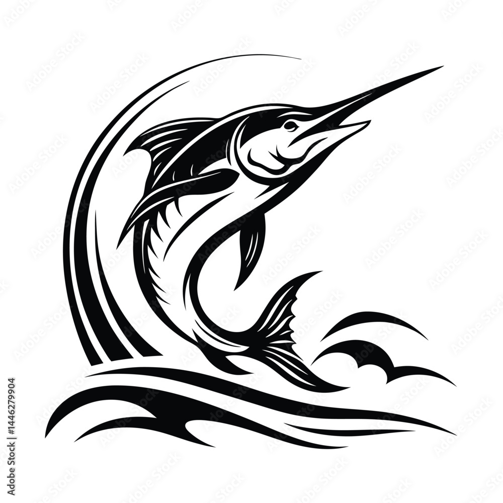 Naklejka premium Marlin silhouette with a curved body in motion