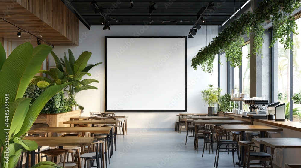 Modern restaurant interior with blank wall for advertising space