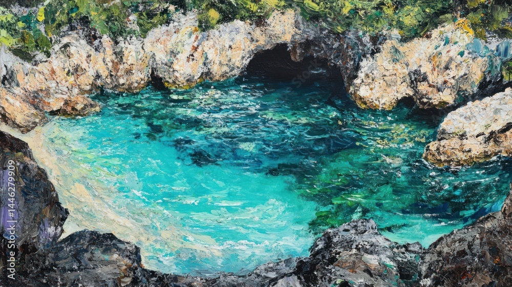 Colorful oil painting of a cove with turquoise waters